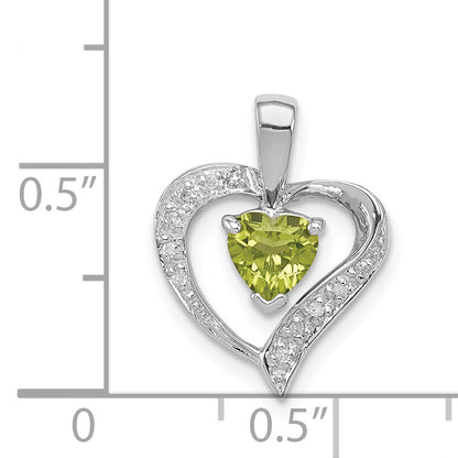 Sterling Silver Rhodium Plated Peridot And Diamond Heart Pendant