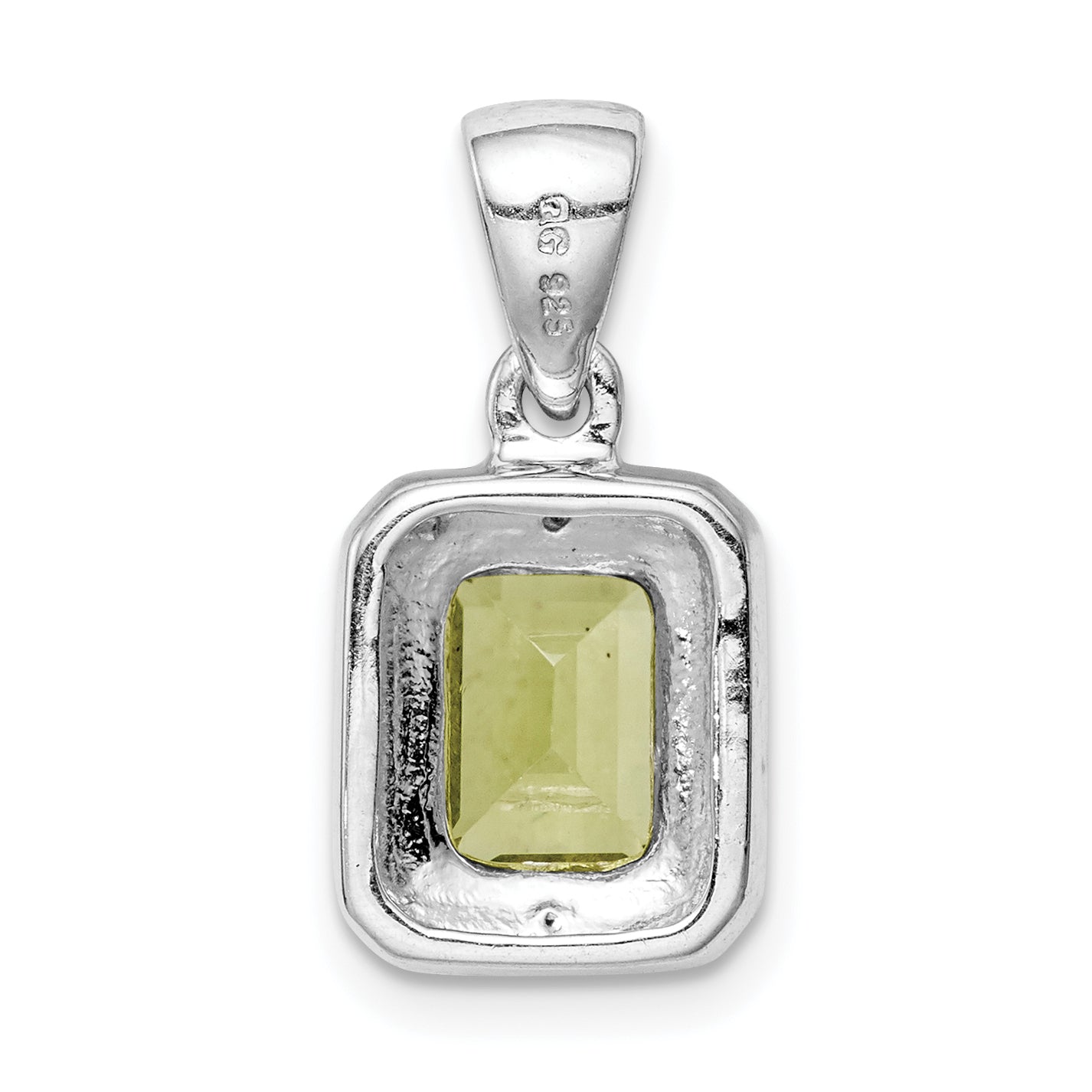 Sterling Silver Rhodium Plated Emerald-Cut Peridot And Diamond Pendant