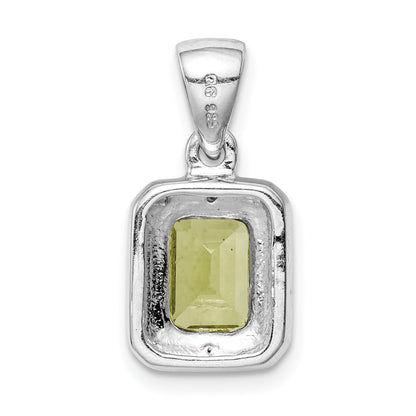 Sterling Silver Rhodium Plated Emerald-Cut Peridot And Diamond Pendant