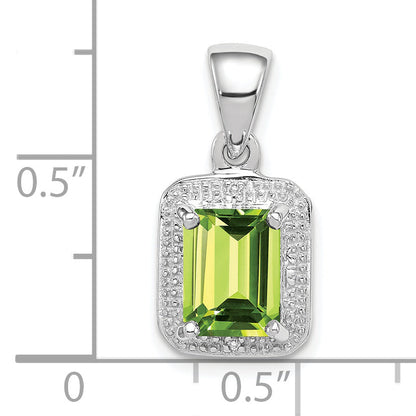 Sterling Silver Rhodium Plated Emerald-Cut Peridot And Diamond Pendant
