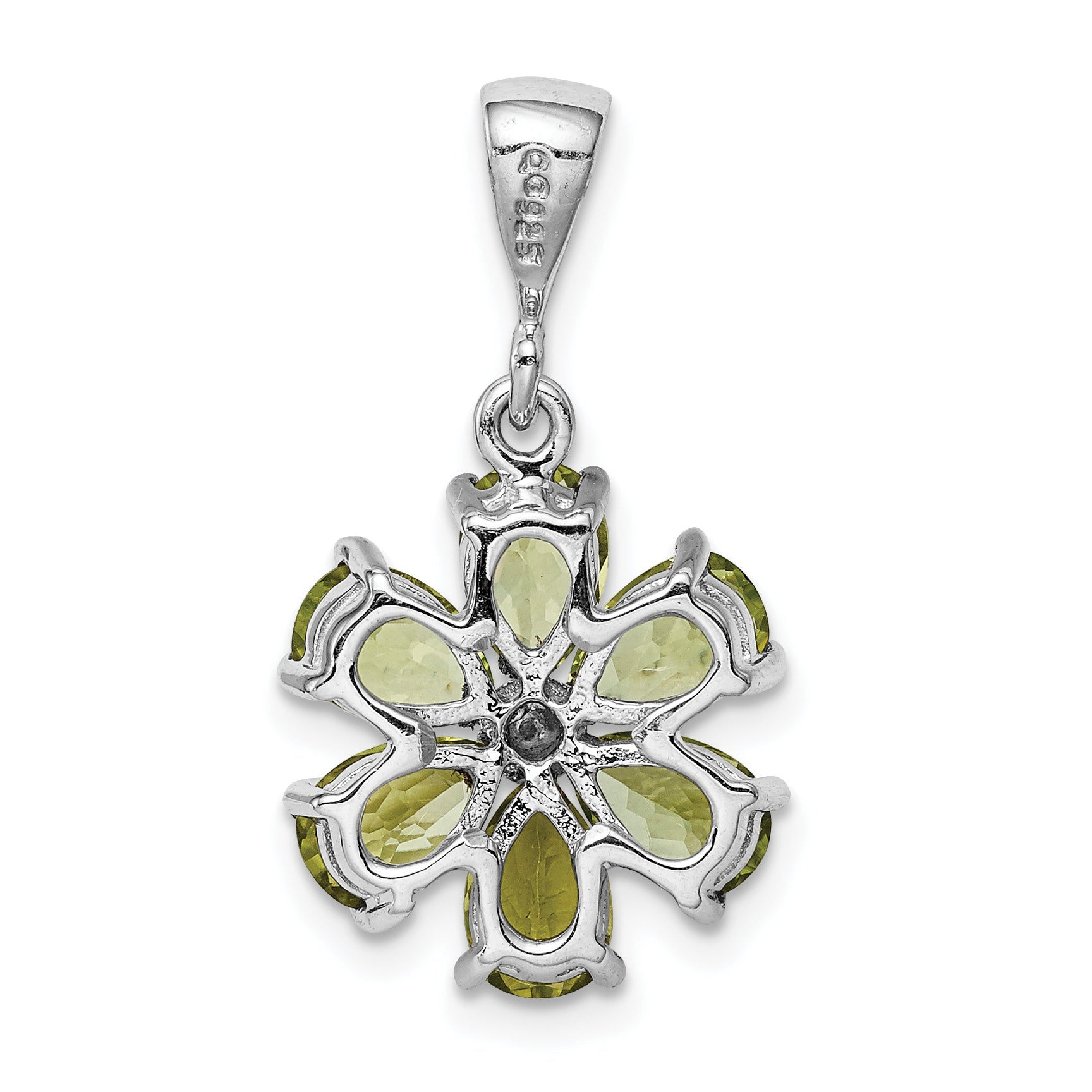 Sterling Silver Rhodium Plated Peridot And Diamond Flower Pendant
