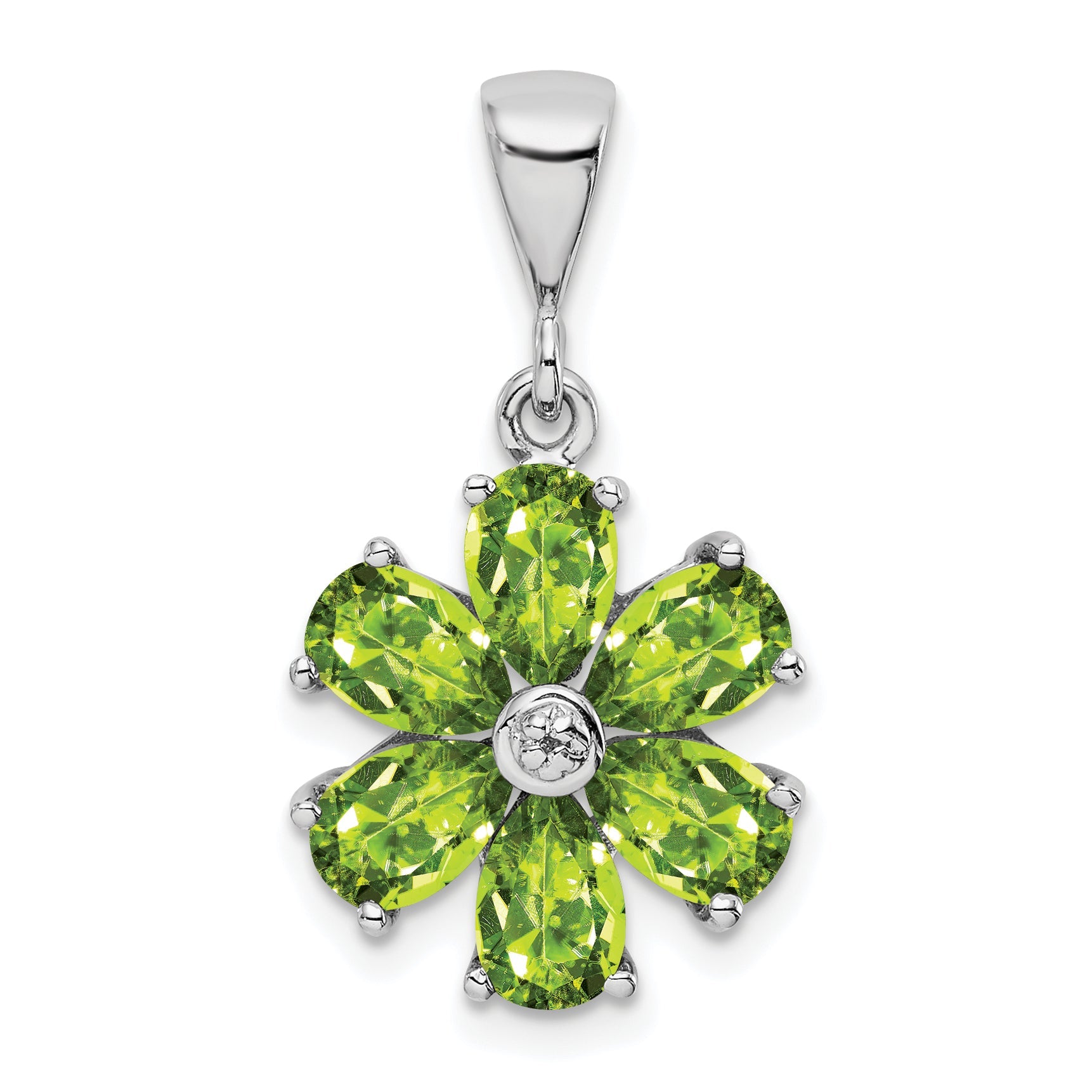 Sterling Silver Rhodium Plated Peridot And Diamond Flower Pendant