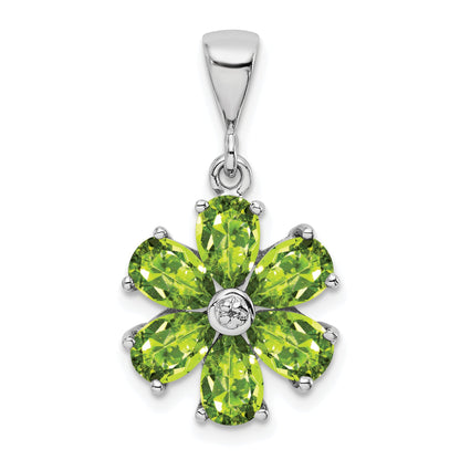Sterling Silver Rhodium Plated Peridot And Diamond Flower Pendant