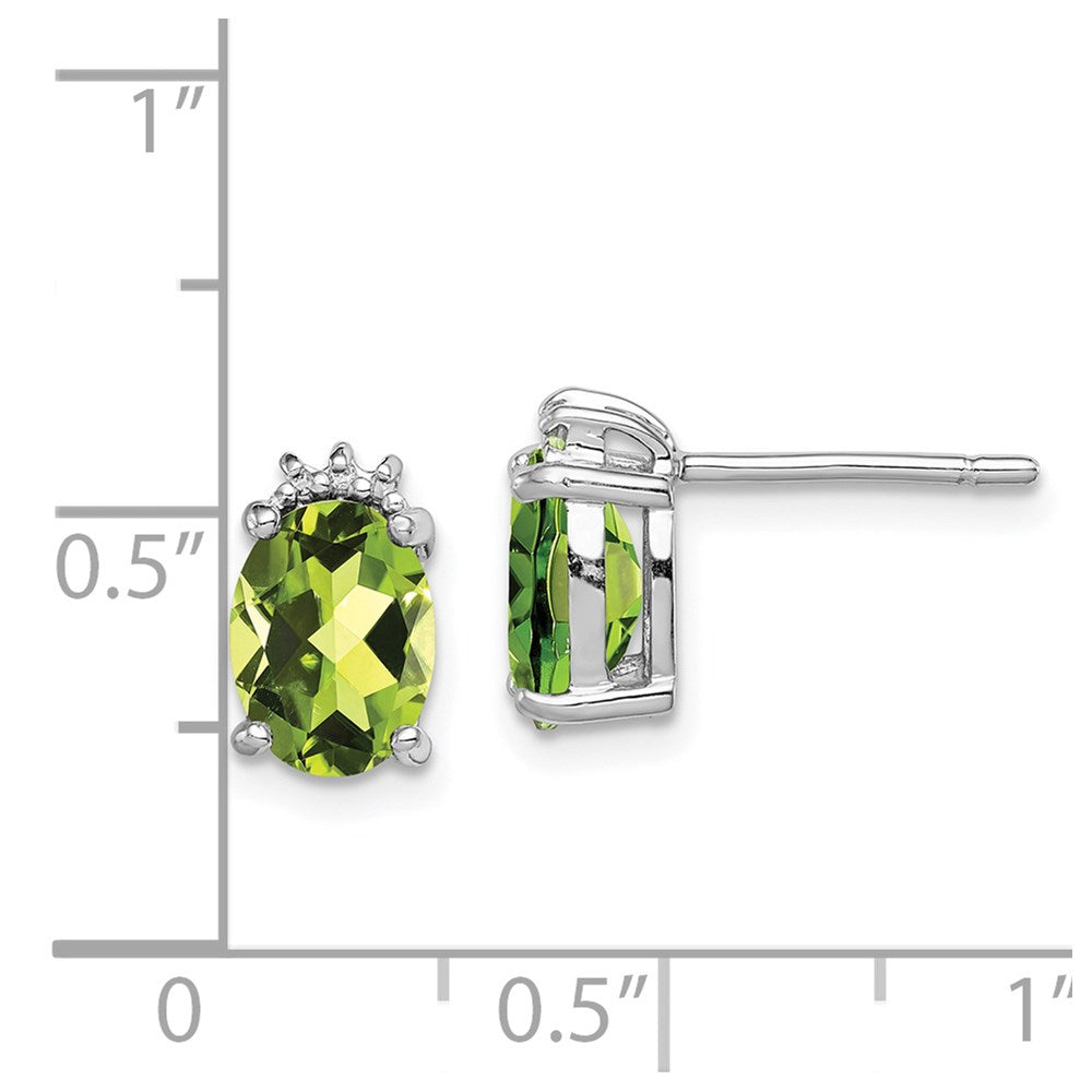 Sterling Silver Rhodium Plated Oval Peridot And Diamond Post Earrings