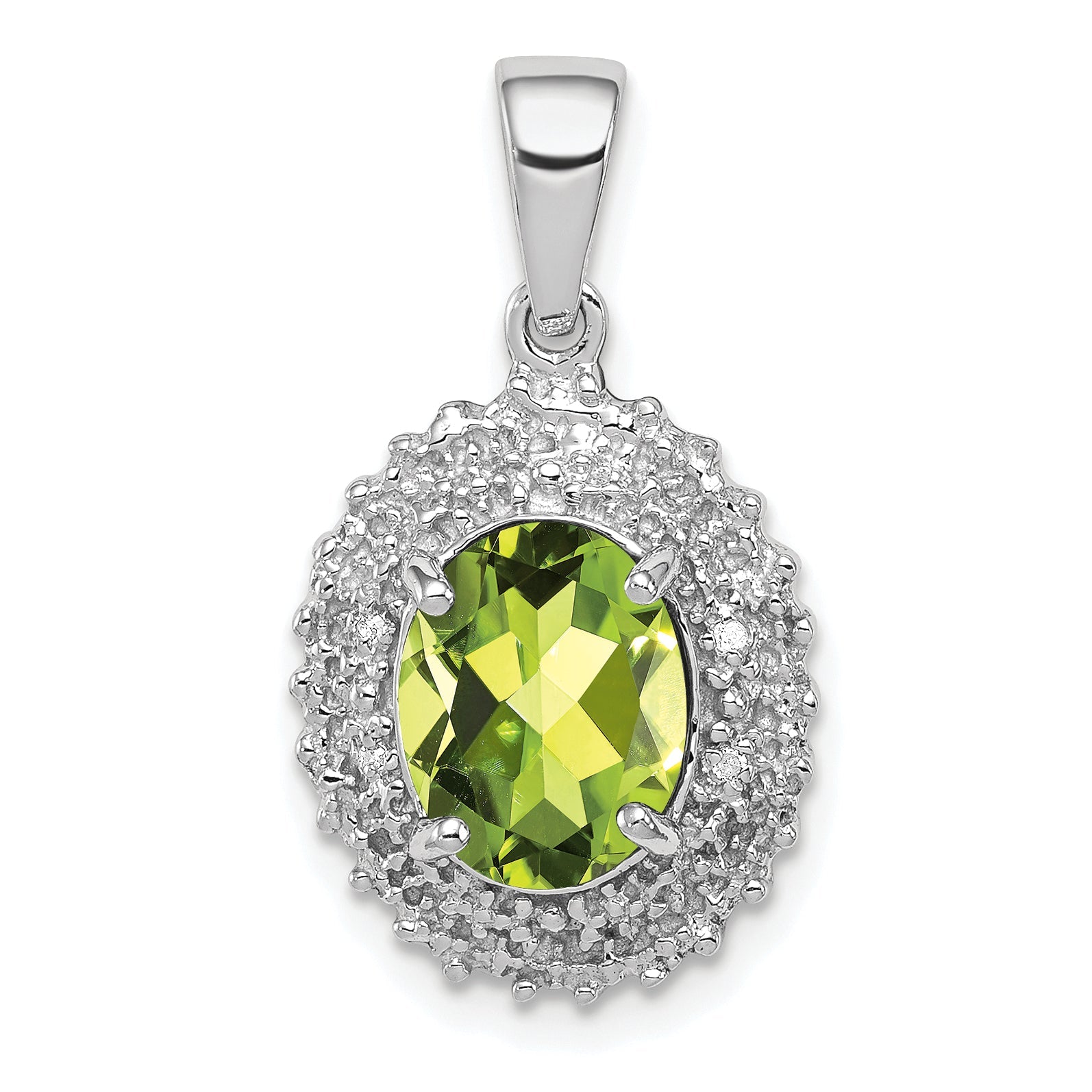 Sterling Silver Rhodium Plated Peridot And Diamond Pendant