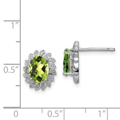 Sterling Silver Rhodium-Plated Peridot And Diamond Post Earrings
