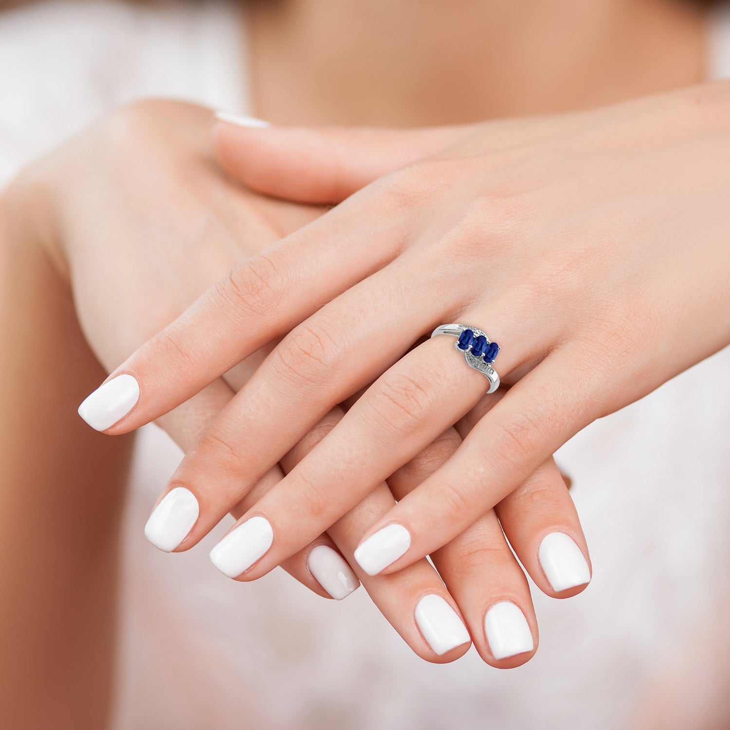 Sterling Silver Rhodium-Plated Sapphire & Diamond Ring