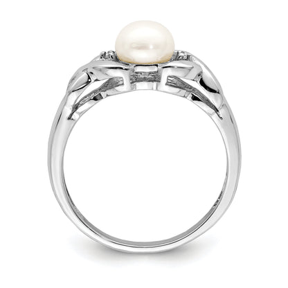 Sterling Silver Rhodium Fw Cultured Button Pearl & Diamond Ring