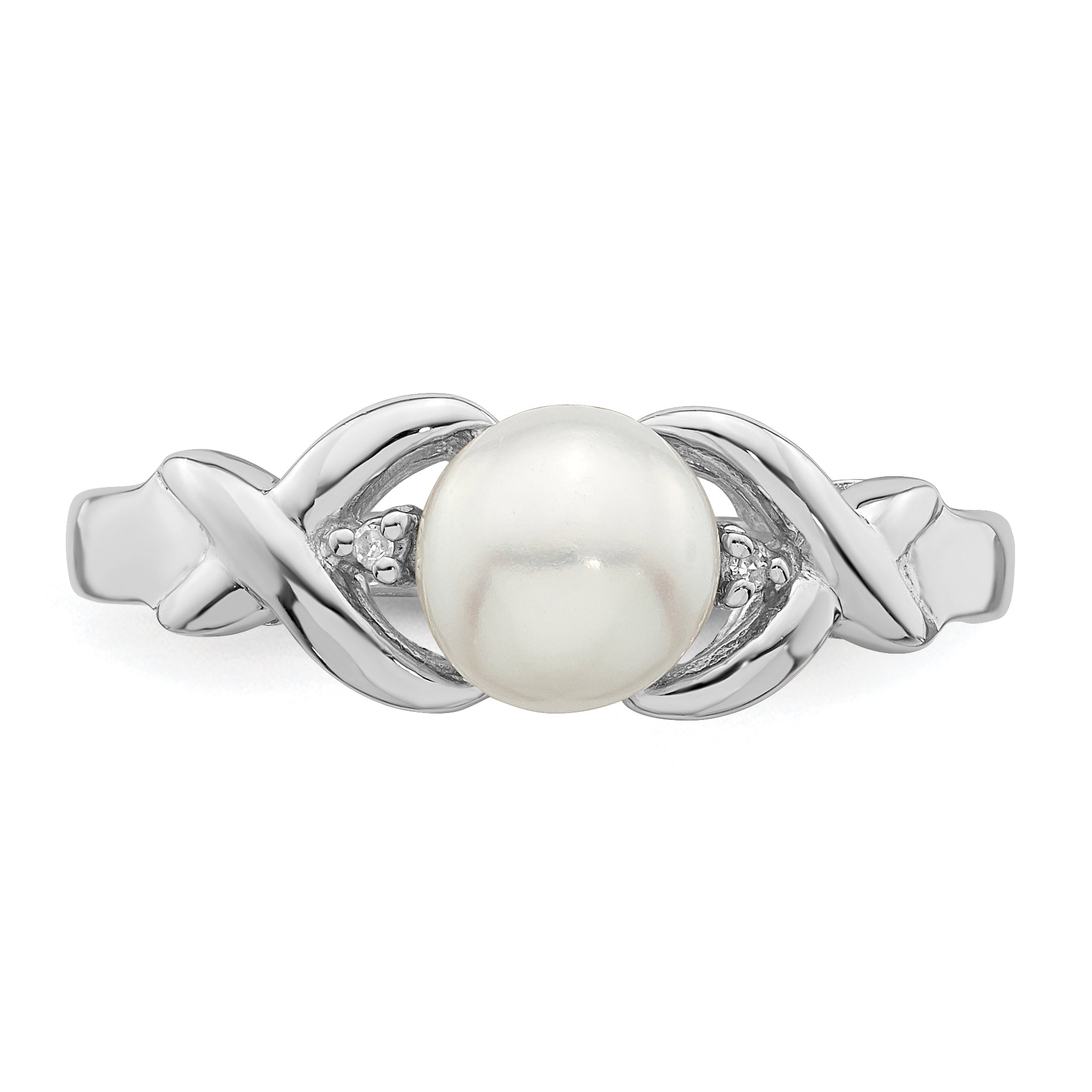 Sterling Silver Rhodium Fw Cultured Button Pearl & Diamond Ring