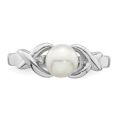 Sterling Silver Rhodium Fw Cultured Button Pearl & Diamond Ring