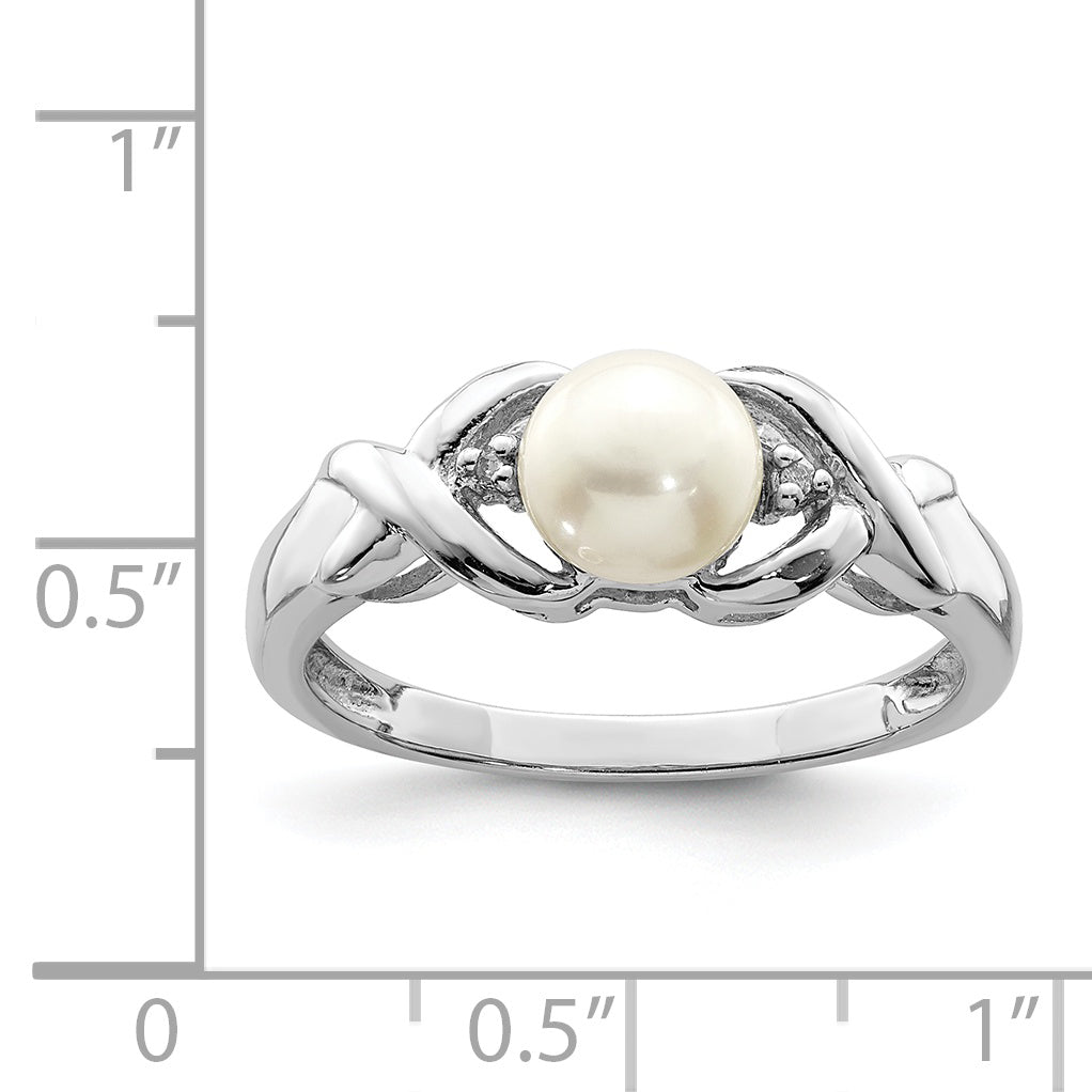 Sterling Silver Rhodium Fw Cultured Button Pearl & Diamond Ring