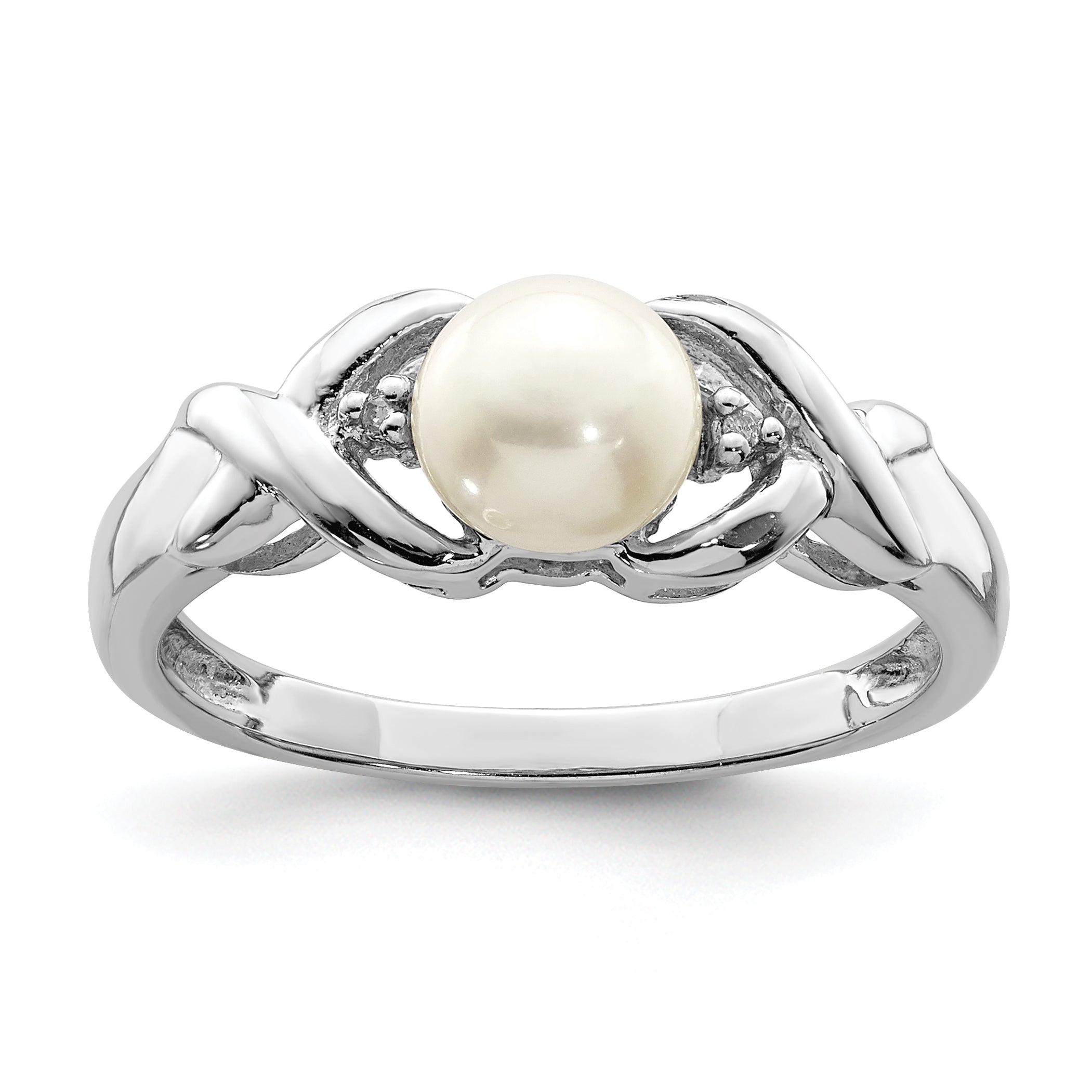 Sterling Silver Rhodium Fw Cultured Button Pearl & Diamond Ring