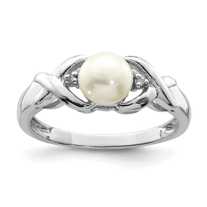 Sterling Silver Rhodium Fw Cultured Button Pearl & Diamond Ring