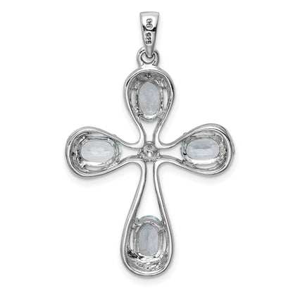 Sterling Silver Rhodium-Plated Aquamarine & Diamond Cross Pendant