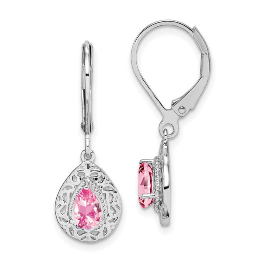 Sterling Silver Rhodium-Plated Pink Tourmaline Lever Back Earrings