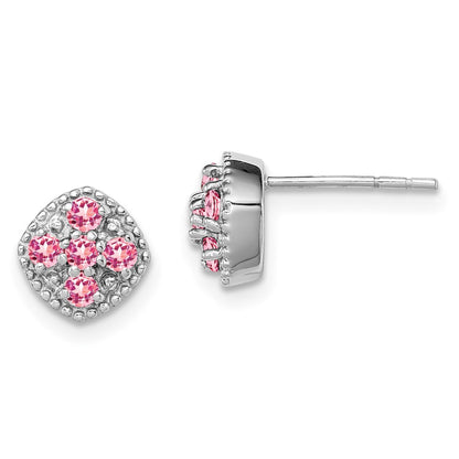 Sterling Silver Rhodium-Plated Pink Tourmaline Square Earrings