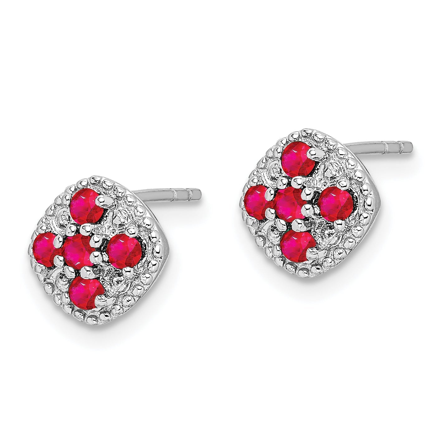 Sterling Silver Rhodium-Plated Ruby Flower Post Earrings