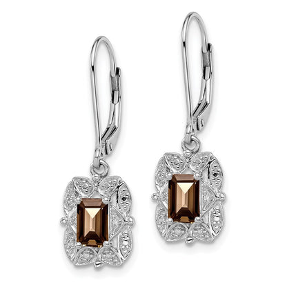 Sterling Silver Rhodium-Plated Diamond And Smoky Quartz Earrings