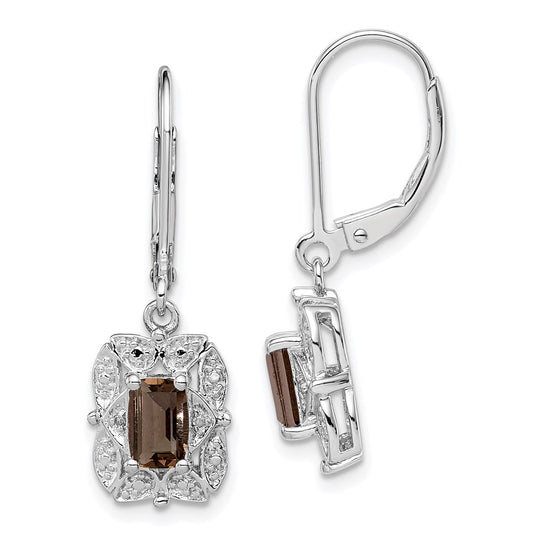 Sterling Silver Rhodium-Plated Diamond And Smoky Quartz Earrings