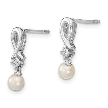 Sterling Silver Rhodium-Plated Fw Cultured Pearl Diamond Earrings