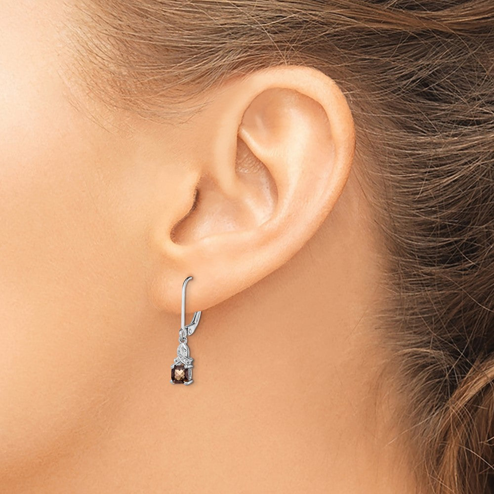 Sterling Silver Rhodium-Plated Smoky Quartz And Diamond Earrings