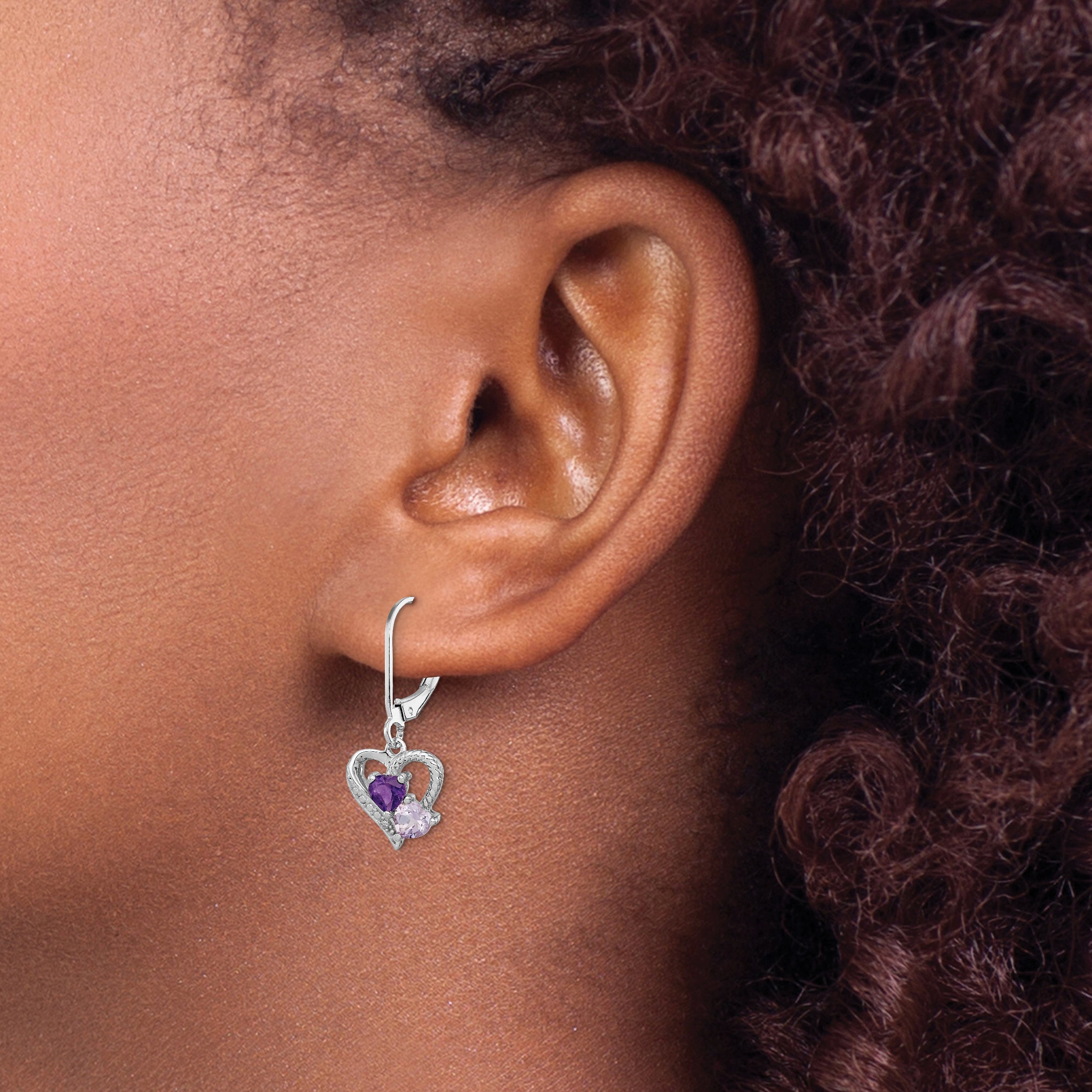 Sterling Silver Rh Plated Amethyst Pink Quartz And Diamond Heart Earrings