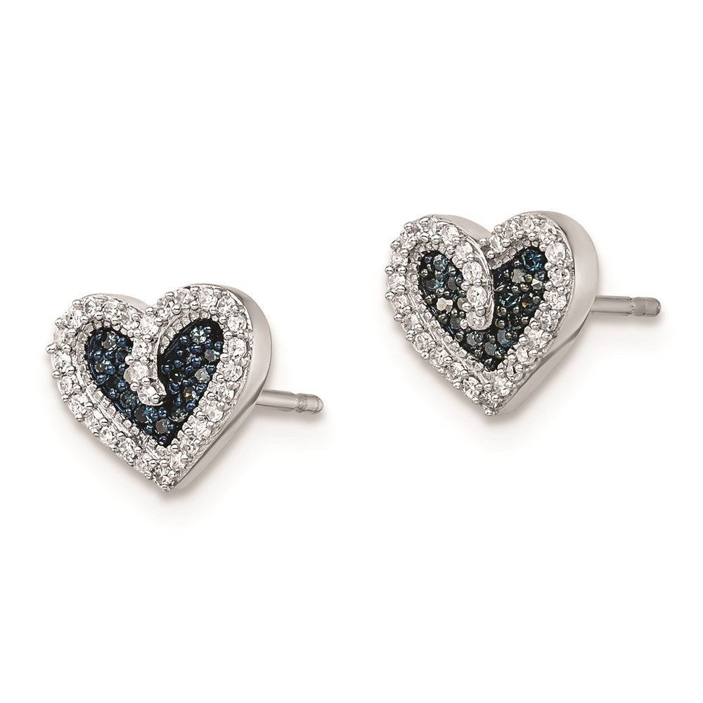 Sterling Silver White Night Rhodium-Plated Blue And Diamond Heart Post Earrings