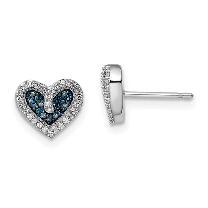 Sterling Silver White Night Rhodium-Plated Blue And Diamond Heart Post Earrings