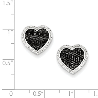 Sterling Silver Black And White Diamond Heart Post Earrings