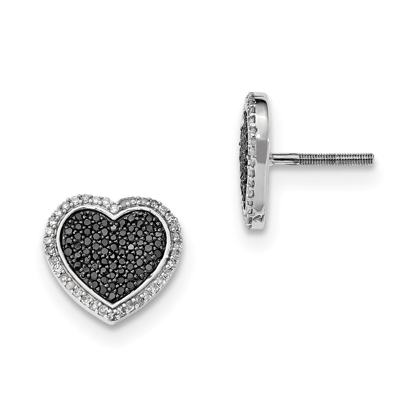 Sterling Silver Black And White Diamond Heart Post Earrings