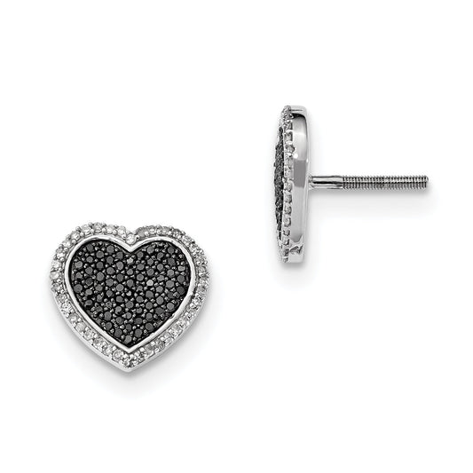 Sterling Silver Black And White Diamond Heart Post Earrings
