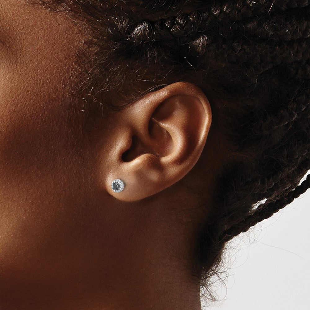 Sterling Silver White Night Rhodium-Plated Black And Diamond Circle Stud Post Earrings