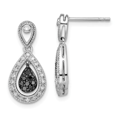 Sterling Silver White Night Rhodium-Plated Black And Diamond Double Teardrop Dangle Post Earrings