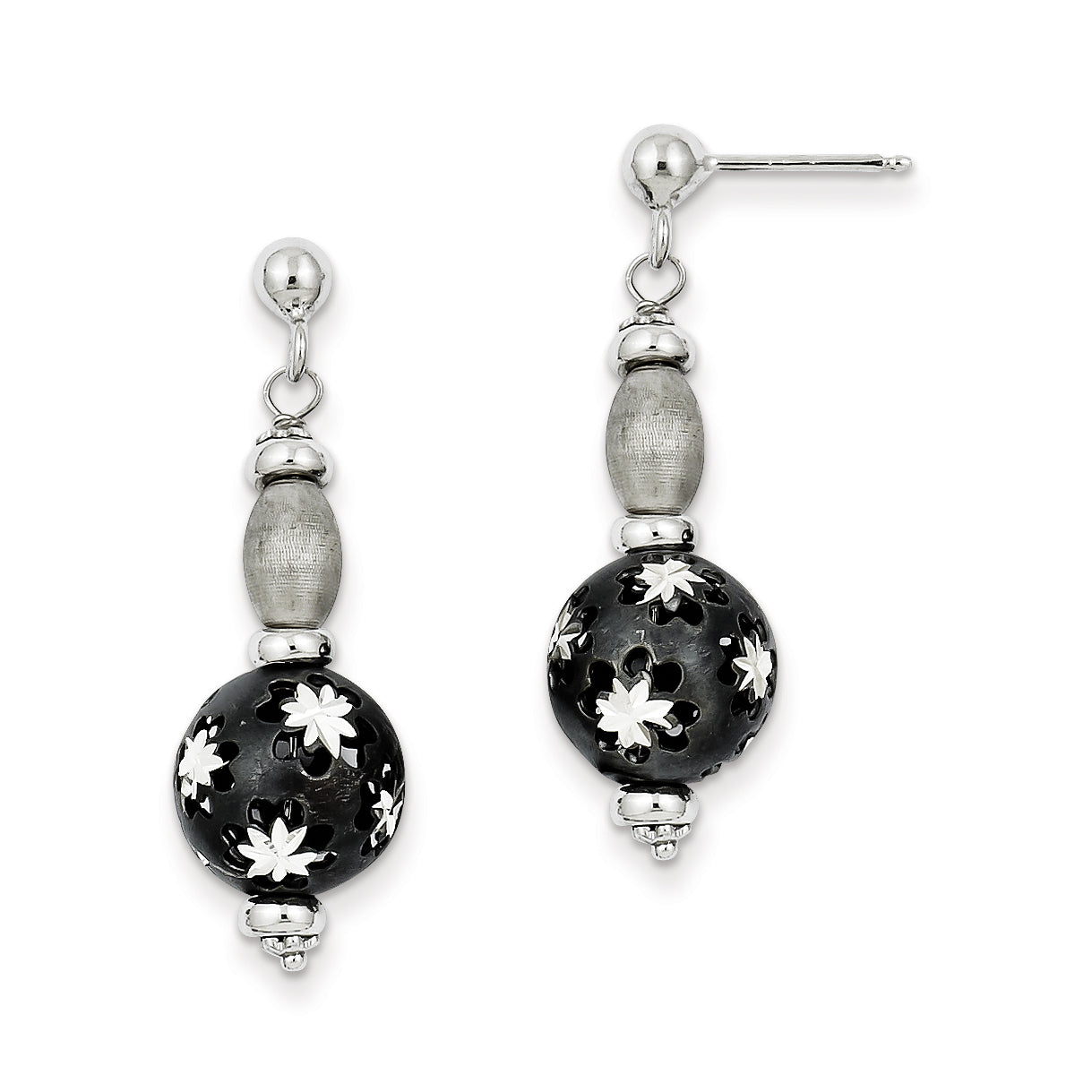Sterling Silver Black Rhodium And D/C Bead Post Dangle Earrings