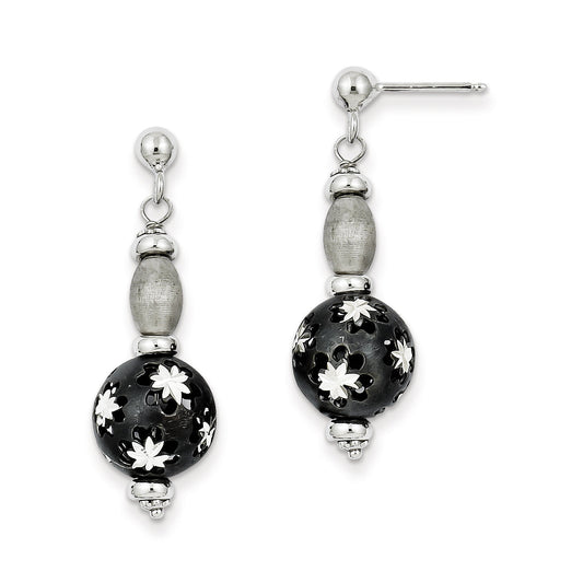 Sterling Silver Black Rhodium And D/C Bead Post Dangle Earrings