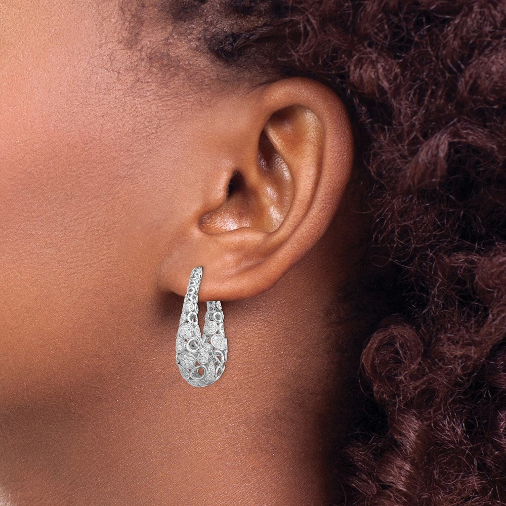 Sterling Silver Shimmer Rhodium-Plated 162 Stone Accent Pav 1.1mm-1.5mm Cz Oval Hinged Hoop Earrings