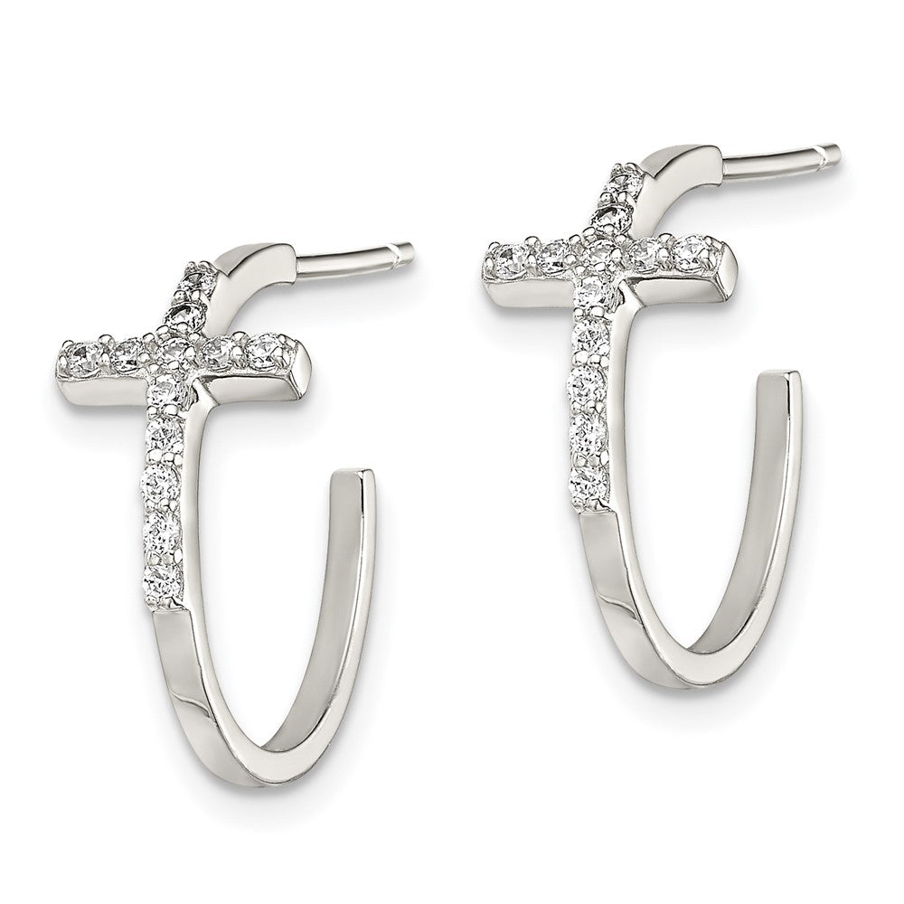 Sterling Silver Rhodium-Plated Cz Cross Hoop Earrings