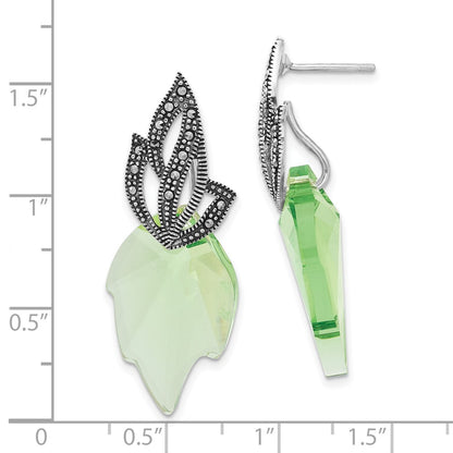 Sterling Silver Polished & Antiqued Marcasite Swarovski Crystal Leaf Post Dangle Earrings