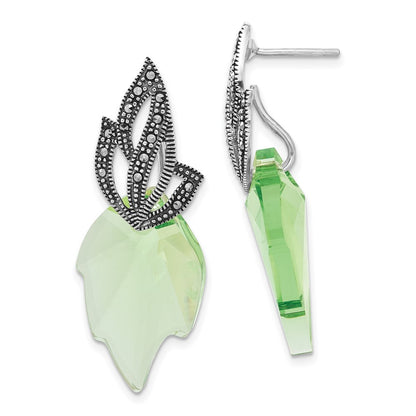 Sterling Silver Polished & Antiqued Marcasite Swarovski Crystal Leaf Post Dangle Earrings