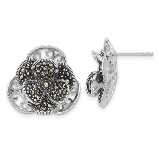 Sterling Silver Polished & Antiqued Marcasite Flower Post Earrings