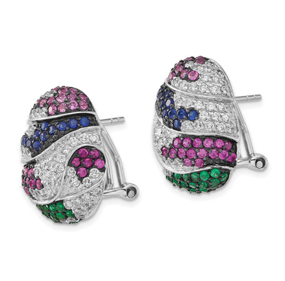 Sterling Silver W/ Black Rhodium Blue & Green Glass, Synthetic Ruby Cz Omega Back Earrings