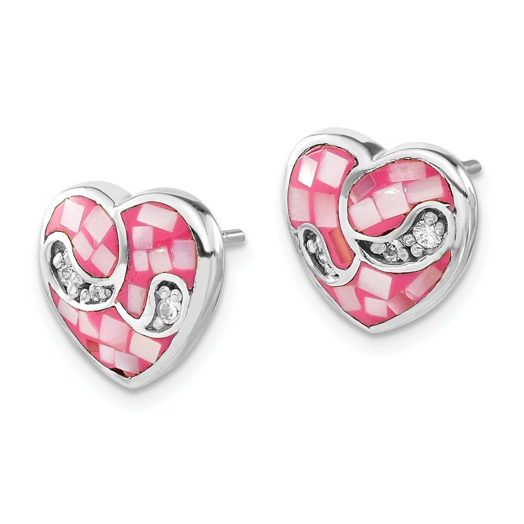 Sterling Silver Mosaic Pink Mother Of Pearl & Cz Heart Post Earrings