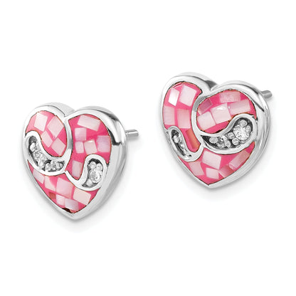 Sterling Silver Mosaic Pink Mother Of Pearl & Cz Heart Post Earrings