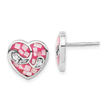 Sterling Silver Mosaic Pink Mother Of Pearl & Cz Heart Post Earrings