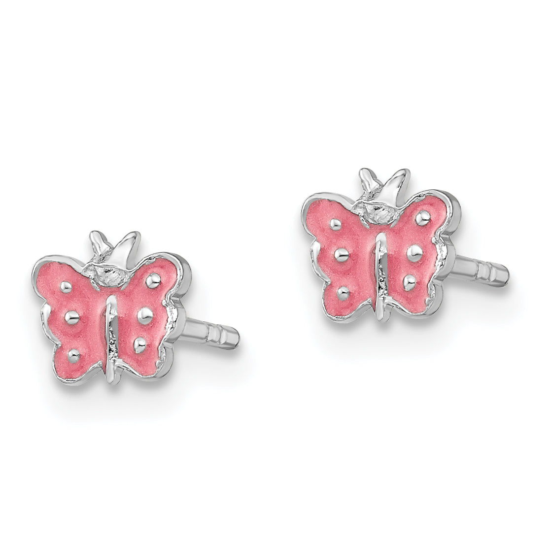 Sterling Silver Rhodium-Plated Polished Pink Enameled Butterfly Children'S Post Earrings