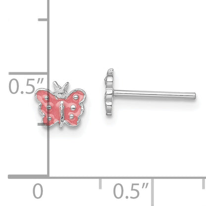 Sterling Silver Rhodium-Plated Polished Pink Enameled Butterfly Children'S Post Earrings