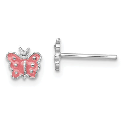 Sterling Silver Rhodium-Plated Polished Pink Enameled Butterfly Children'S Post Earrings