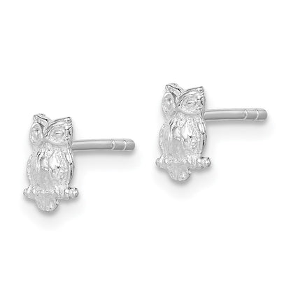 Sterling Silver Rhodium-Plated Polished & Textured Owl Post Earrings