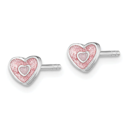 Sterling Silver Rhodium-Plated Polished Pink Glitter Enamel Heart Children'S Post Earrings