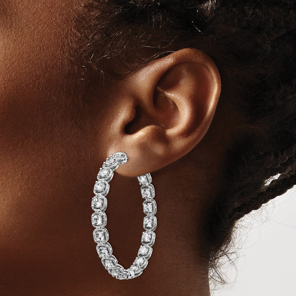 Sterling Silver Shimmer Rhodium-Plated 38 Stone 3mm Cz In And Out Round Hinged Hoop Earrings